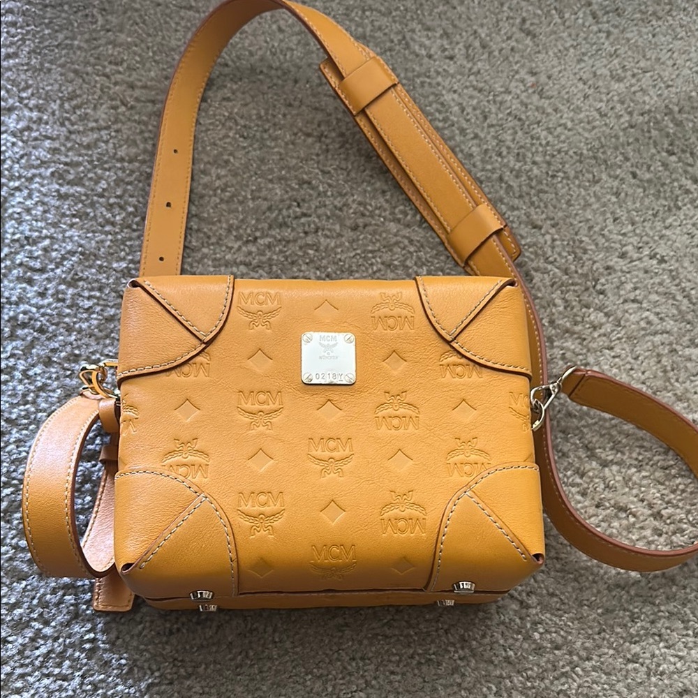 MCM Mustard colored Crossbody Bag with Iconic Monogram excellent condition